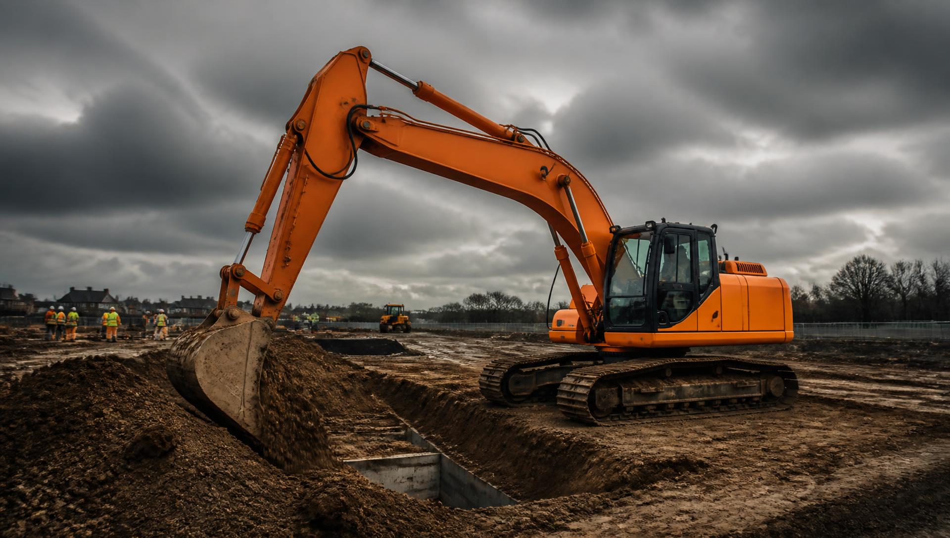 Excavator carrying out groundworks on a UK construction site